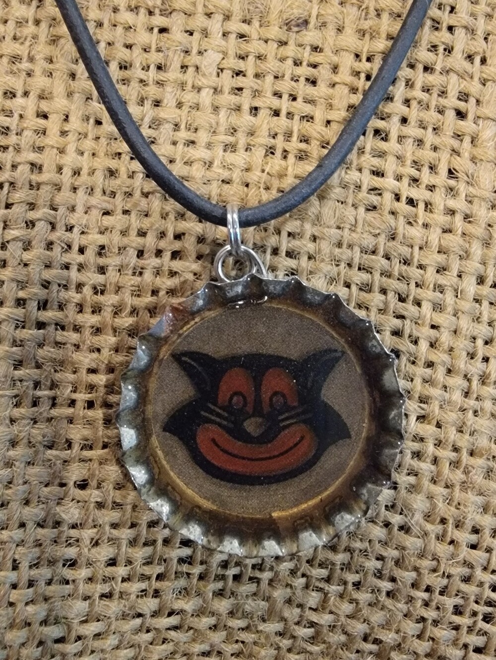 Vintage Halloween Black and Orange Cat Bottle Cap Pendant Necklace